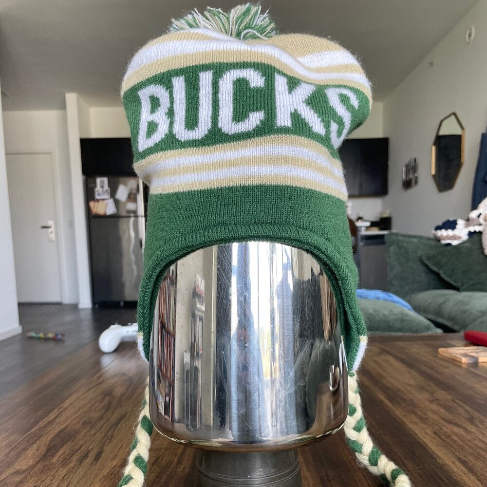 Milwaukee Bucks NBA Basketball Green Pompom Ear Flap Winter Knit Hat Tassels